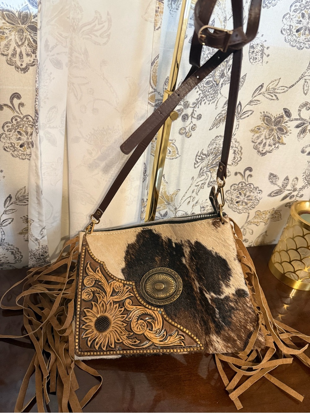 Fringed Cowhide Crossbody Bag with Tooled Leather Accent - Brown/Black